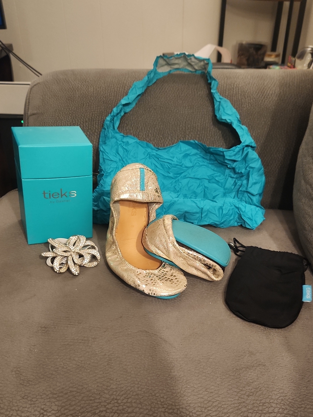 Tieks Romantic Blush Metallic Ballet Flats with Turquoise Accents